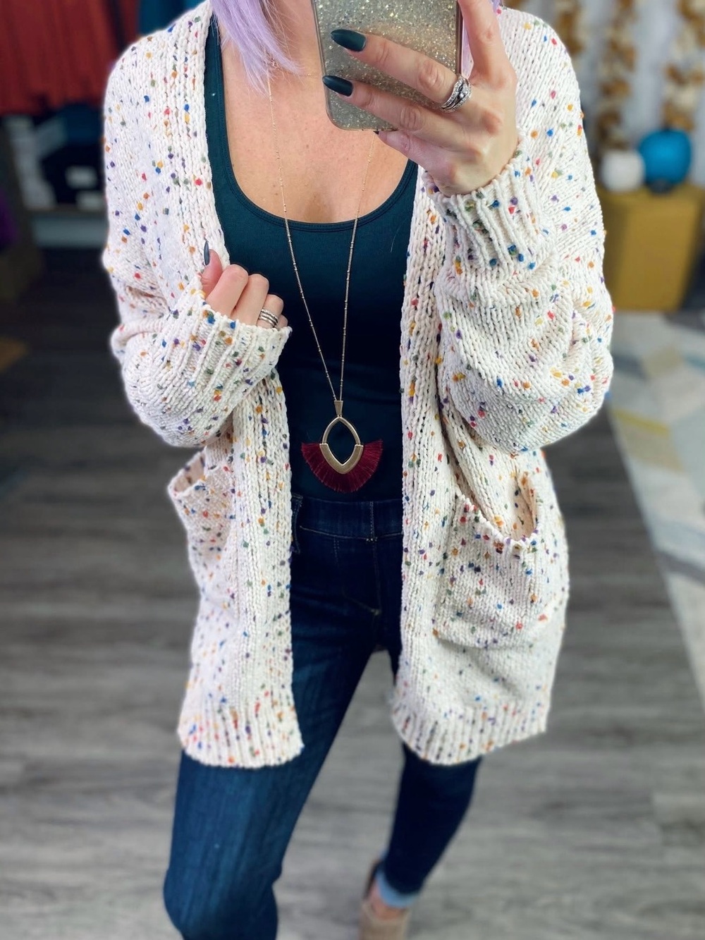 NWOT P.S. Kate Confetti Open-Front Knit Cardigan with Pockets